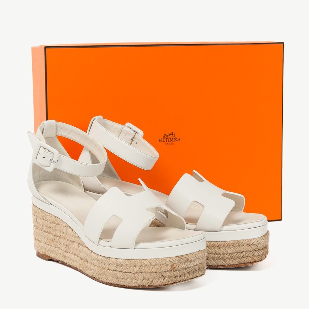 Hermes Elda White Goatskin Espadrille Wedge "H" Sandals